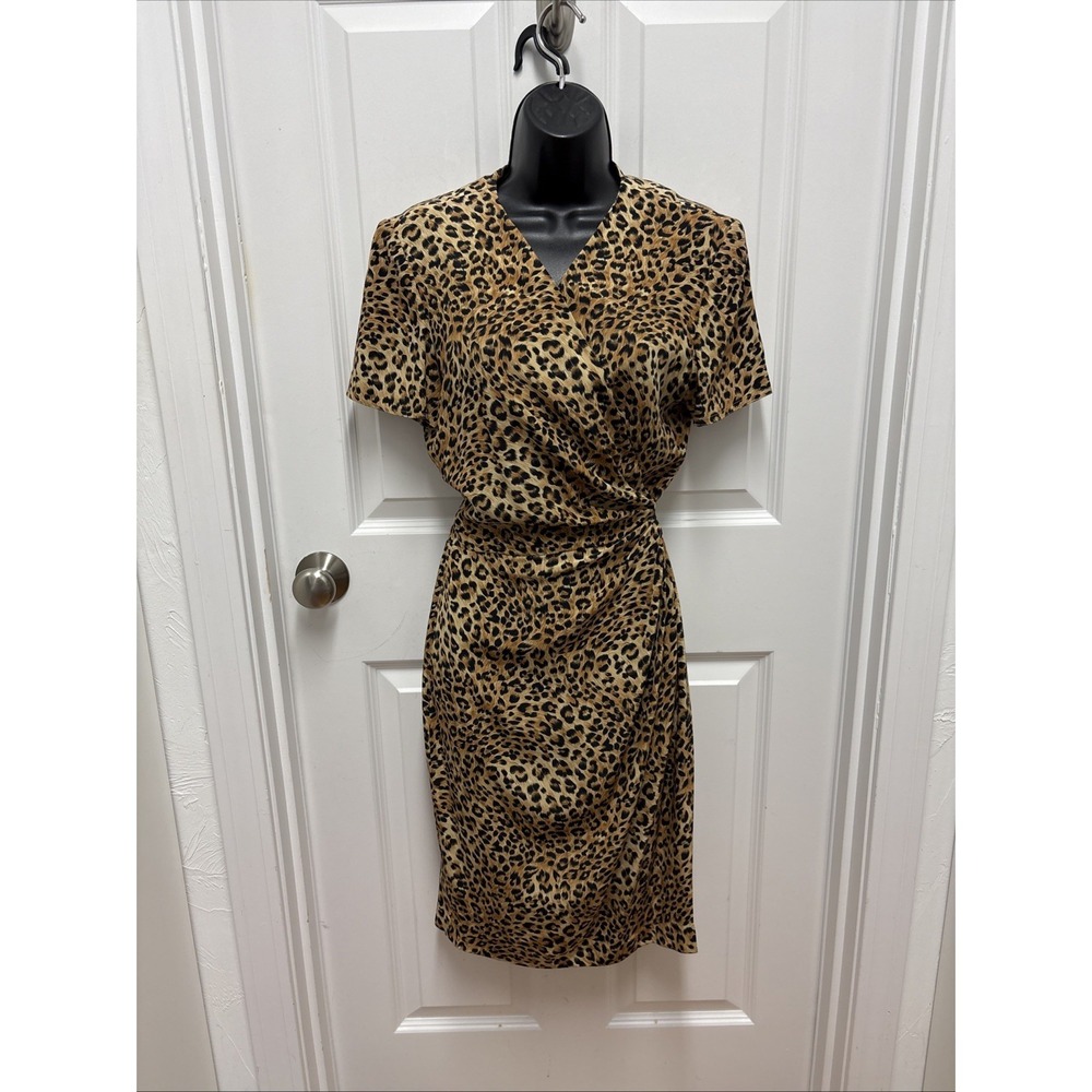 Maggy London Womens Brown Leopard Silk Wrap dress Short Sleeve Knee Length - 8